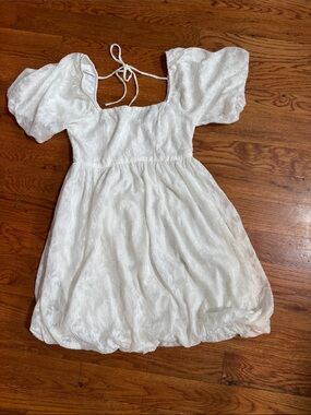 Hem & Thread White Puff-Sleeve Square Neck Kids Dress